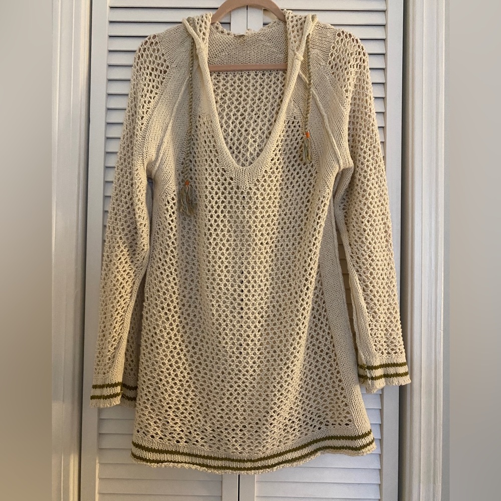 Free People Cream Open-Knit Hooded Swim Coverup with Olive Trim